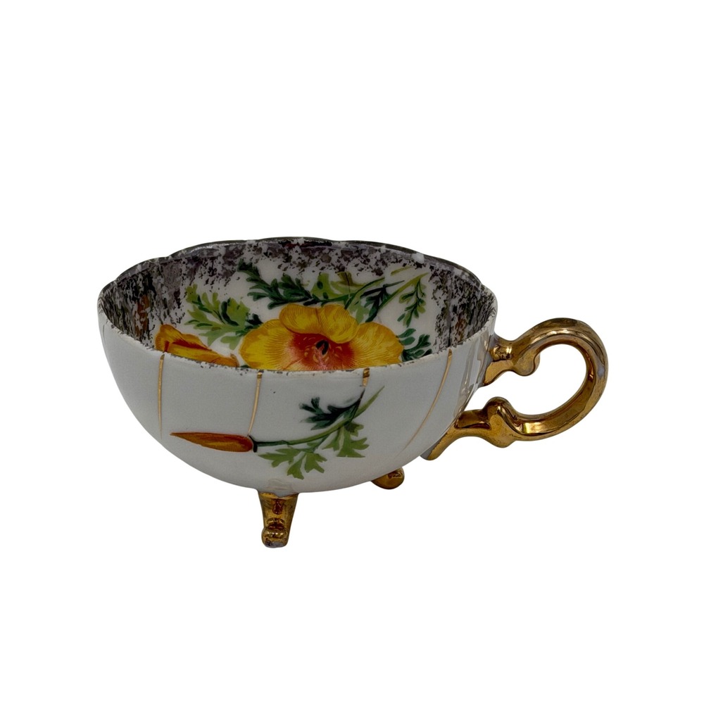 Vtg 1930s Footed Eggshell Porcelain Teacup Yellow Floral Poppy Gold Hand Painted
